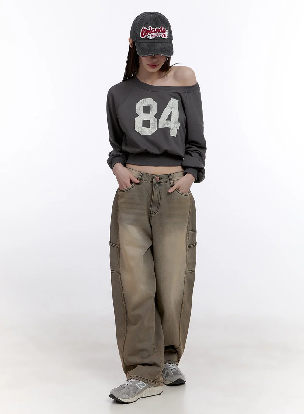 84 Graphic One-Shoulder Cropped Sweatshirt CF512 - Image 2