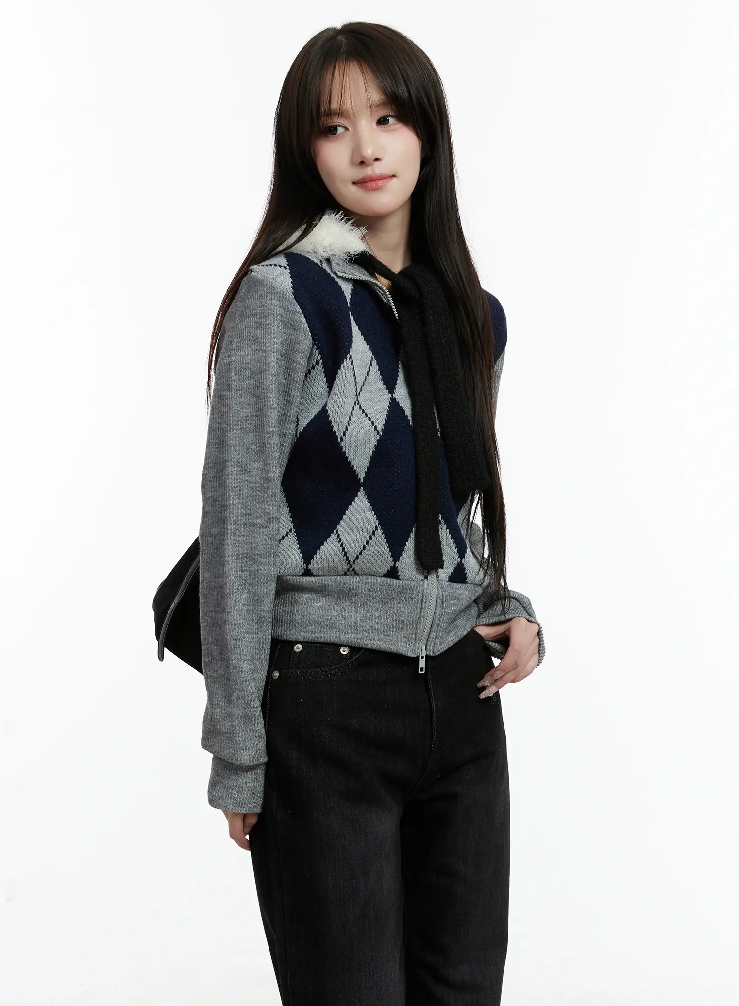 Argyle Pattern Knit Zip-Up Sweater CD523