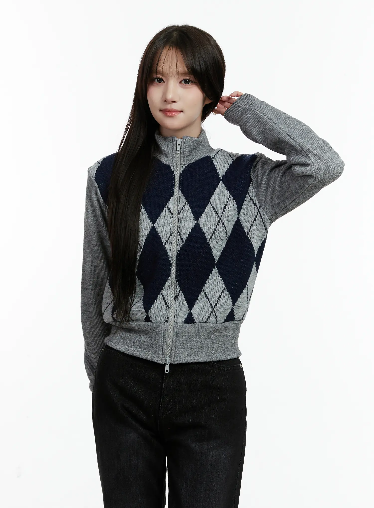 Argyle Pattern Knit Zip-Up Sweater CD523 - Image 2