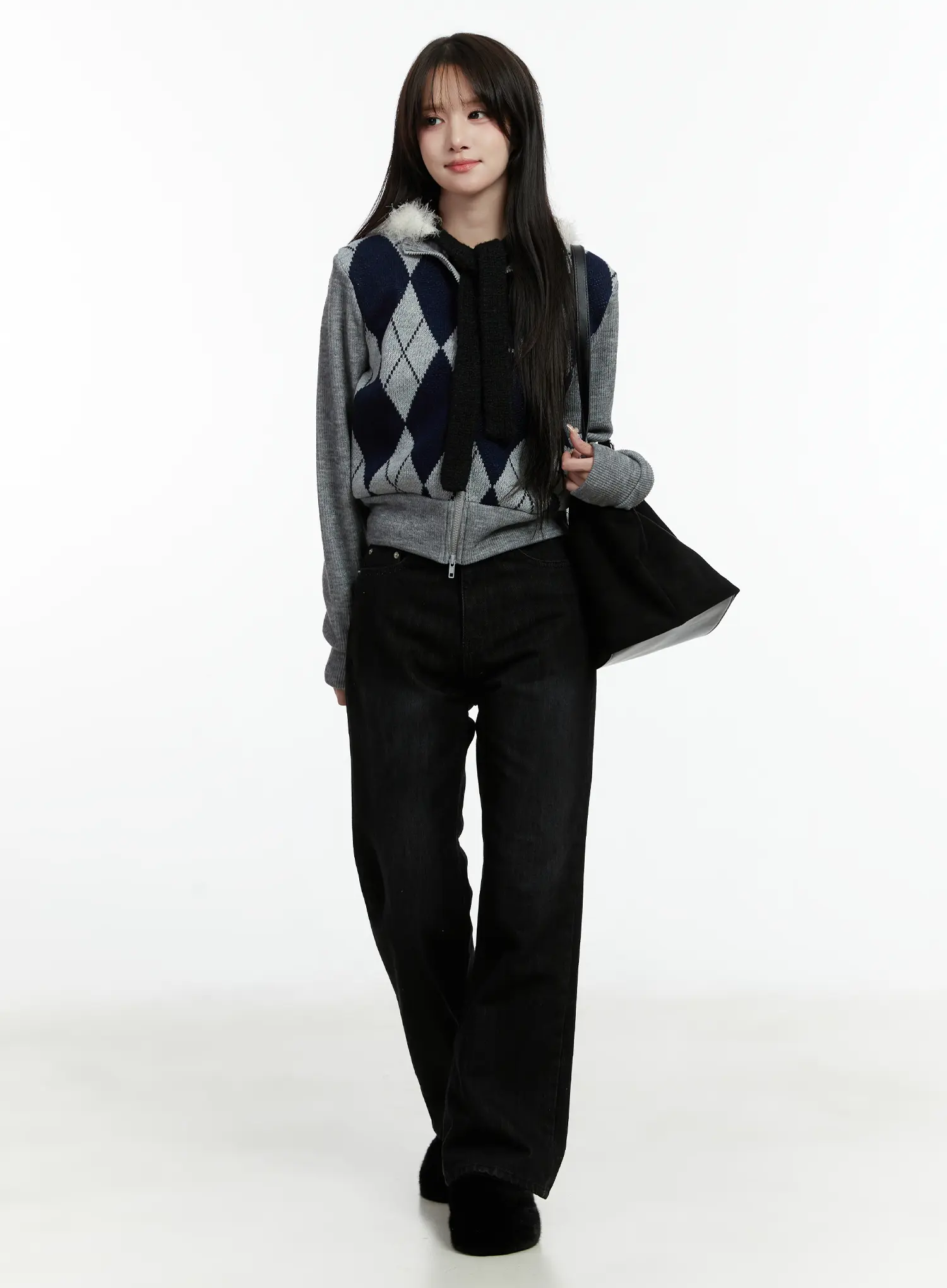Argyle Pattern Knit Zip-Up Sweater CD523 - Image 3