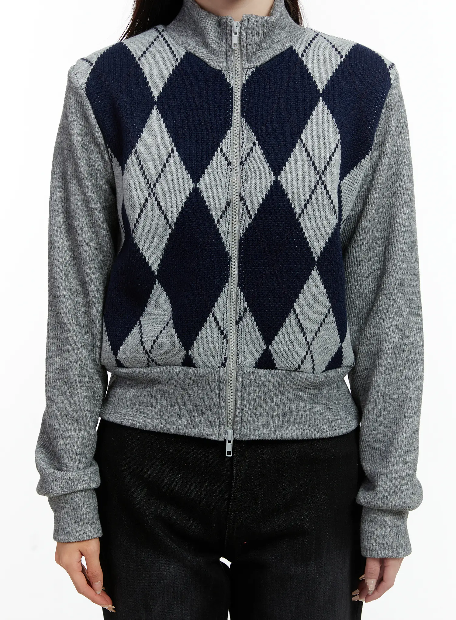 Argyle Pattern Knit Zip-Up Sweater CD523 - Image 4