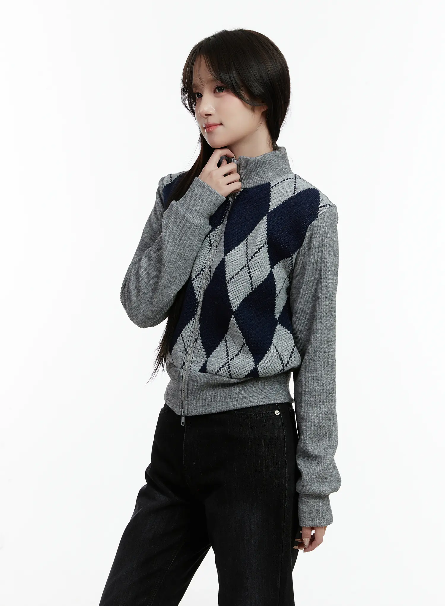 Argyle Pattern Knit Zip-Up Sweater CD523 - Image 5
