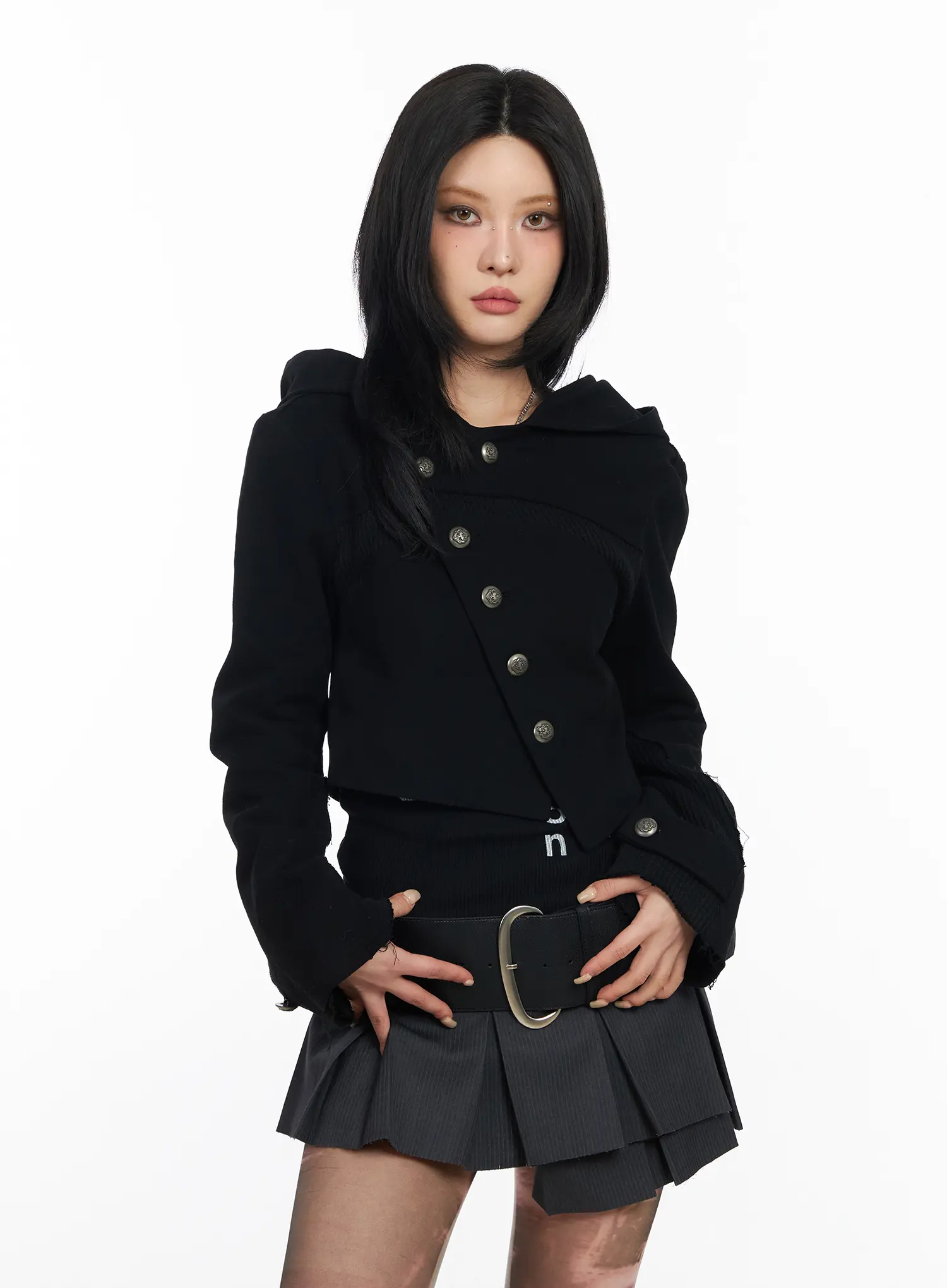 Asymmetric Button-Detail Hoodie CF527 - Image 3