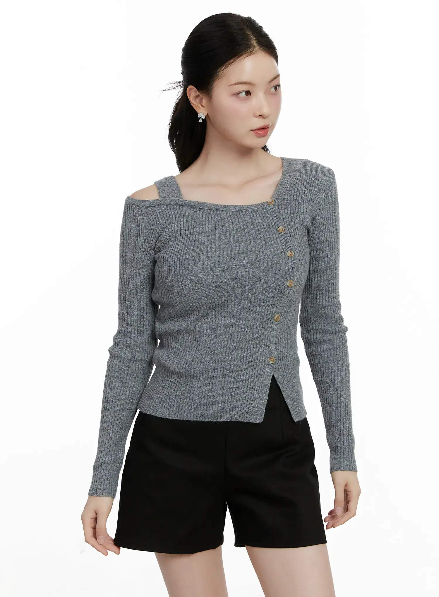 Asymmetric Button Long Sleeve Knit Top F502