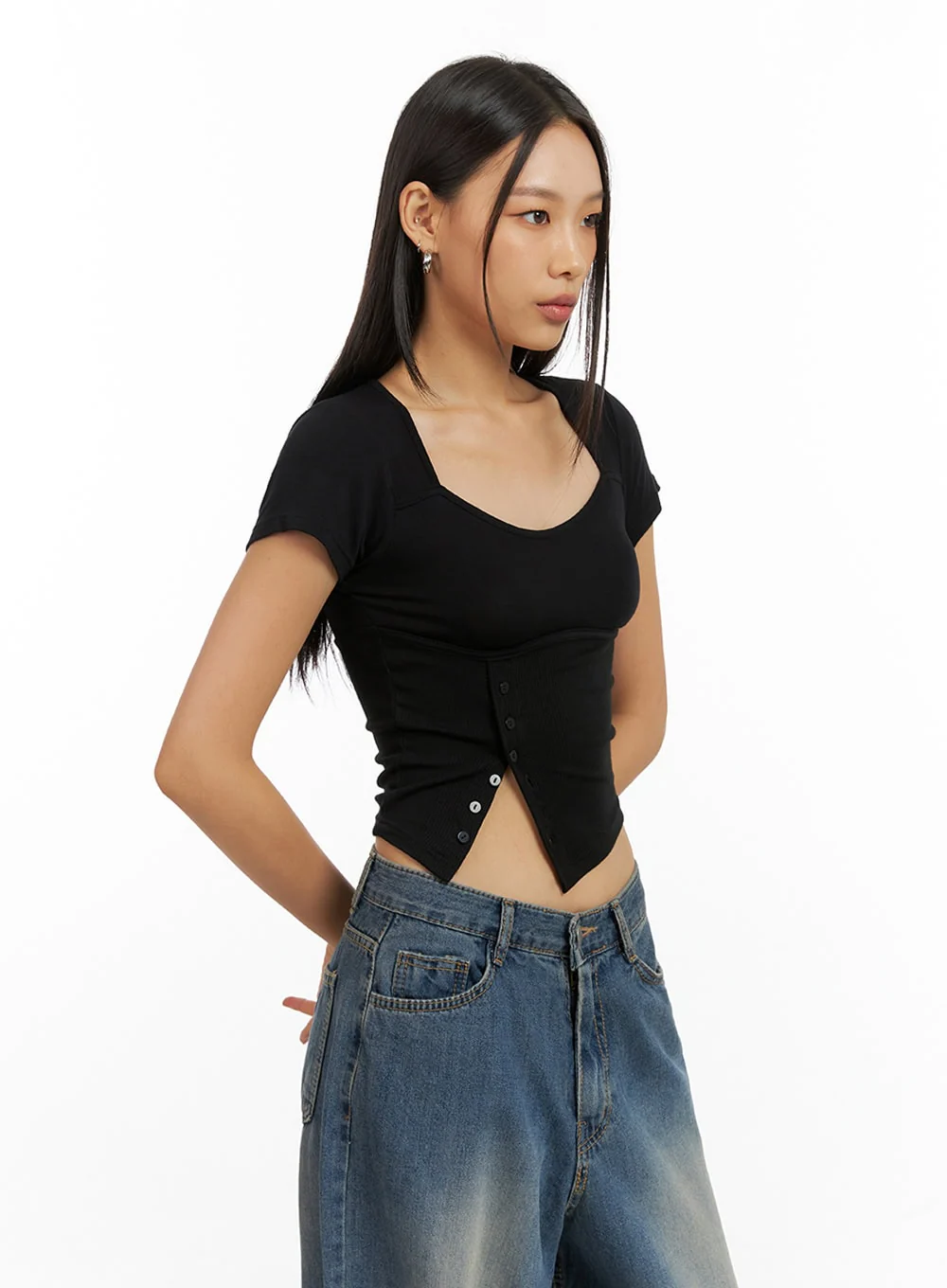 Asymmetrical Buttoned Square Neck Crop Top IG405 - Image 4