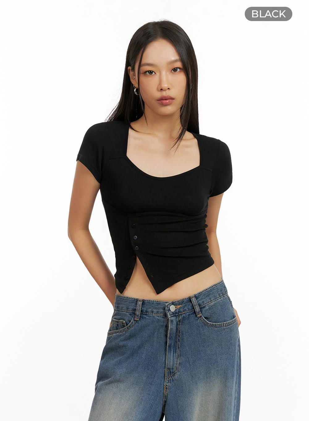 Asymmetrical Buttoned Square Neck Crop Top IG405 - Image 8