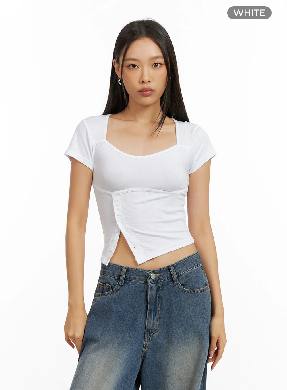 Asymmetrical Buttoned Square Neck Crop Top IG405 - Image 9