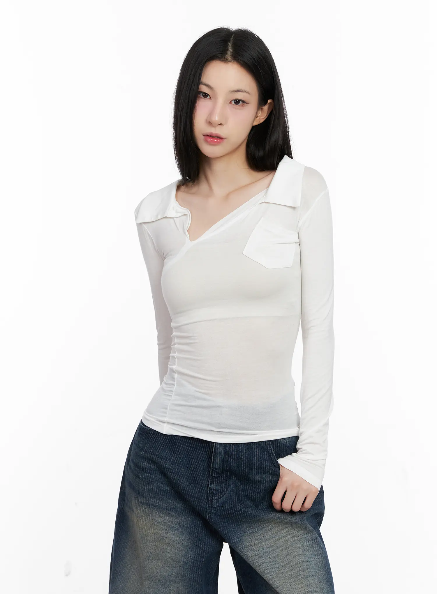 Asymmetrical Collar Slim Fit Long Sleeve Top CG526 - Image 11