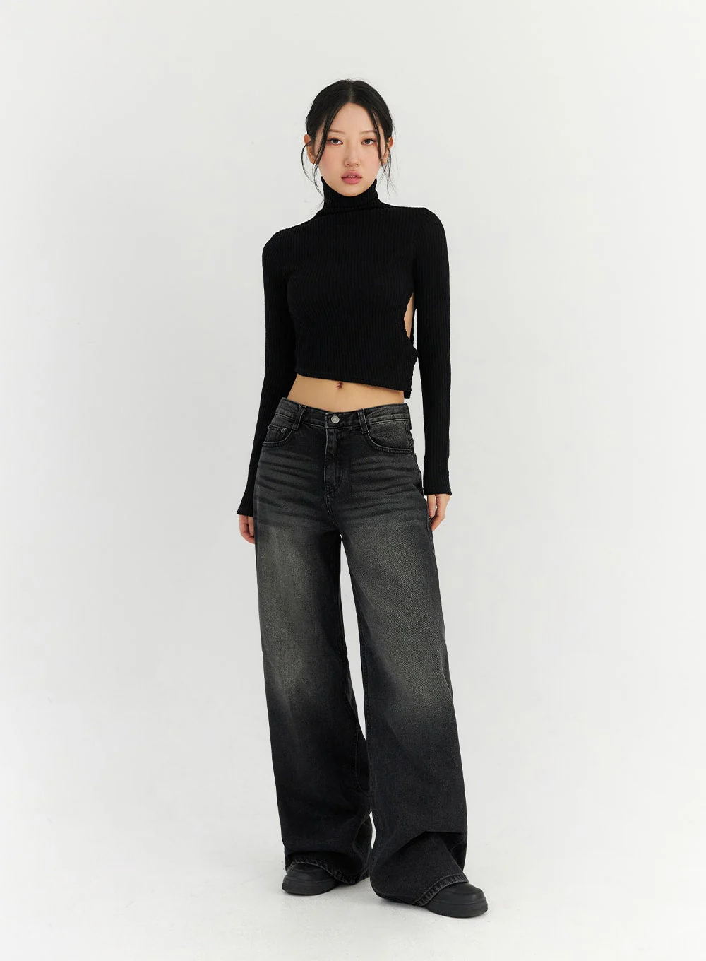 Back Slit Washed Wide Leg Jeans CN306 - Image 2