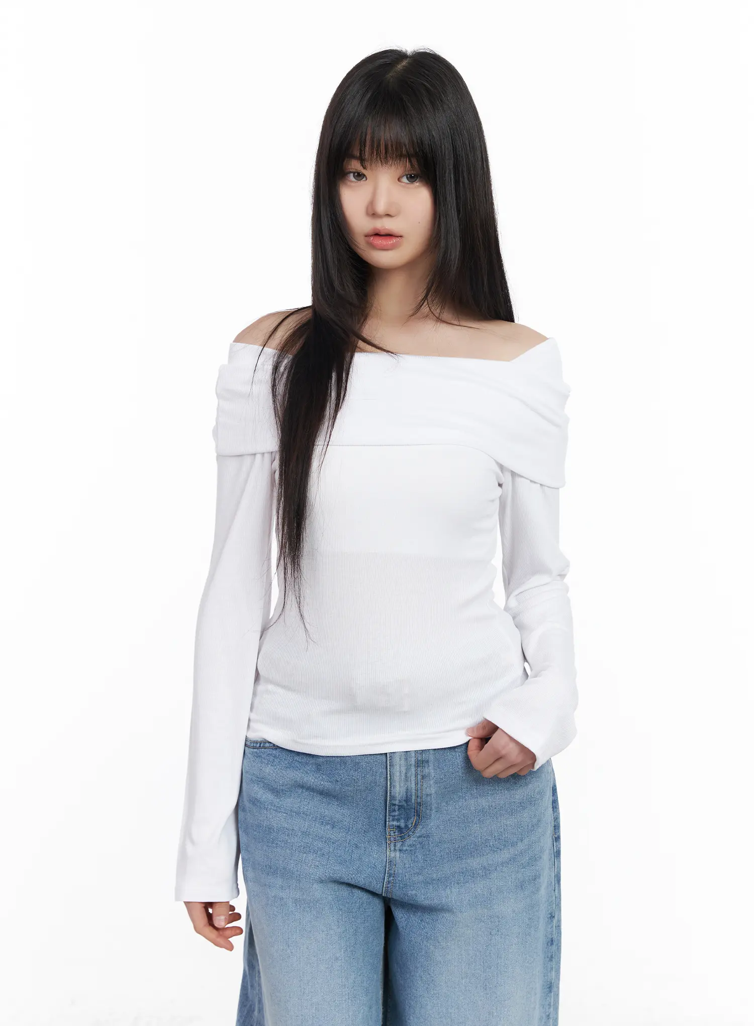 Basic Off-Shoulder Ribbed Long Sleeve Top CM512 - Image 2
