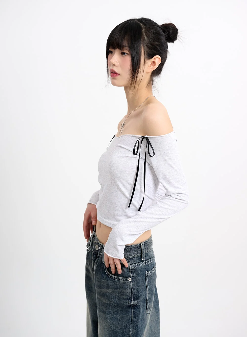Bowknot Cotton Off Shoulder Long Sleeve CM415 - Image 4