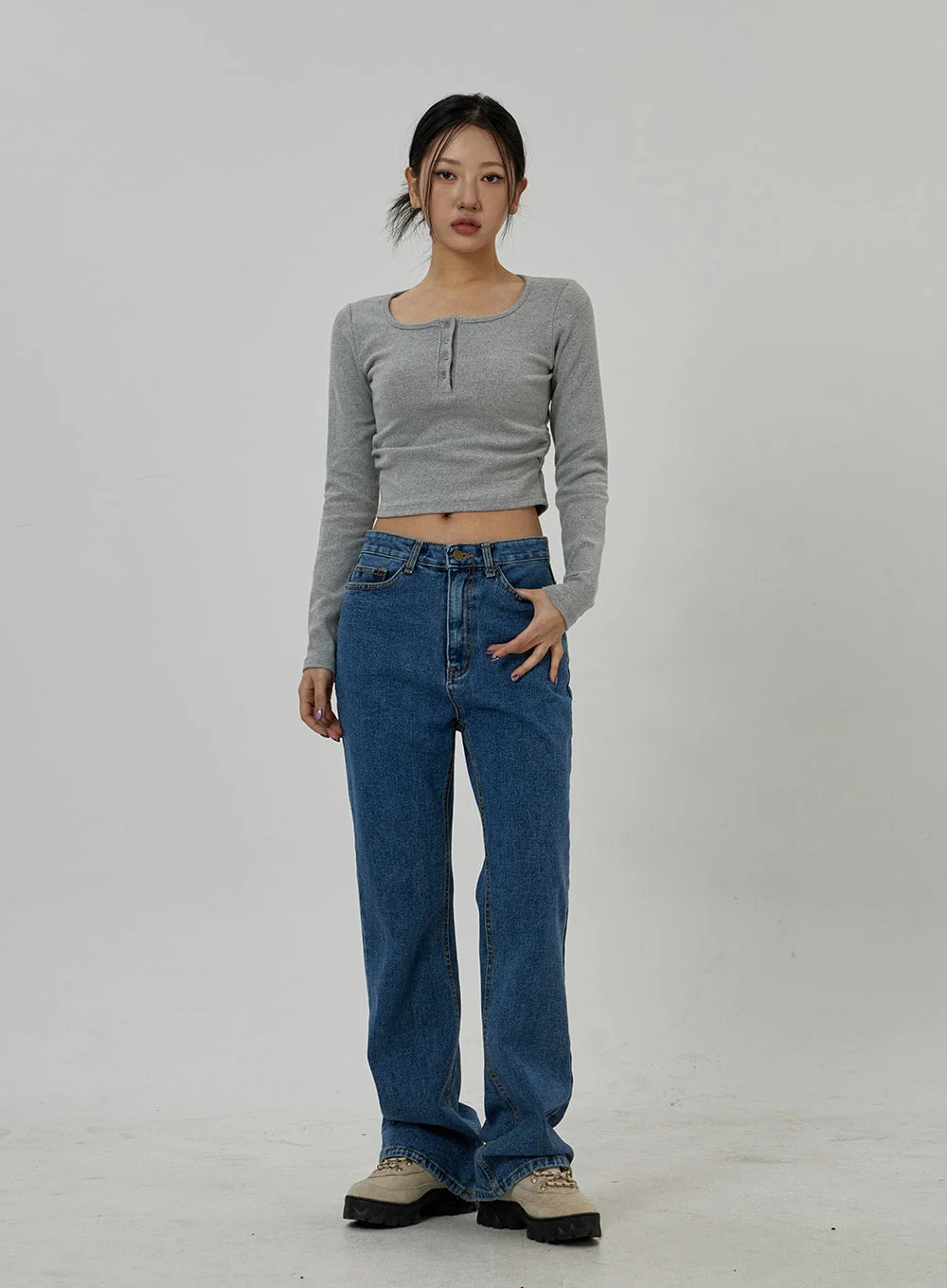 Button Neck Long Sleeve Cropped Top CD21 - Image 10