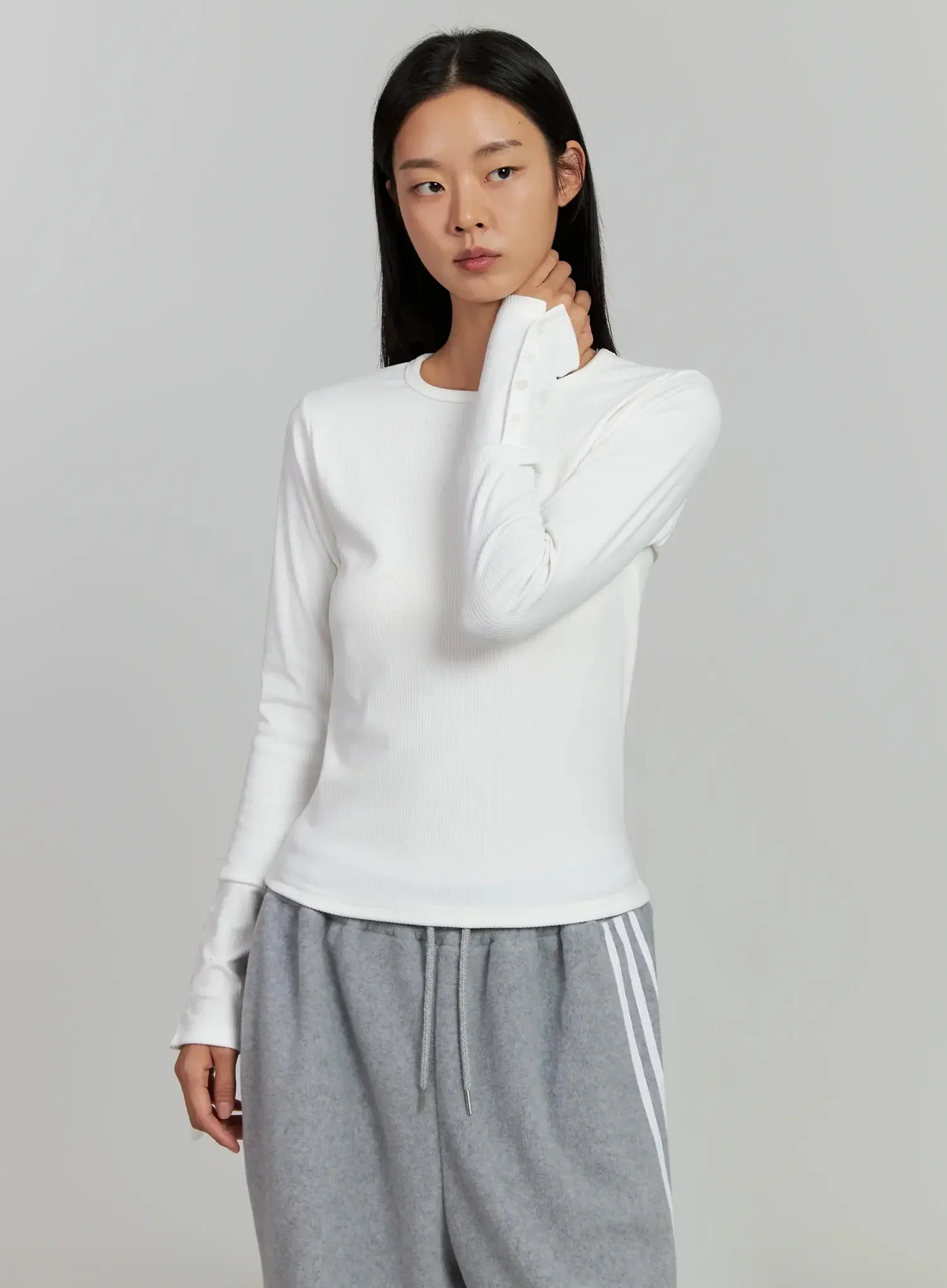 Button Sleeve Ribbed Top IJ505 - Image 2