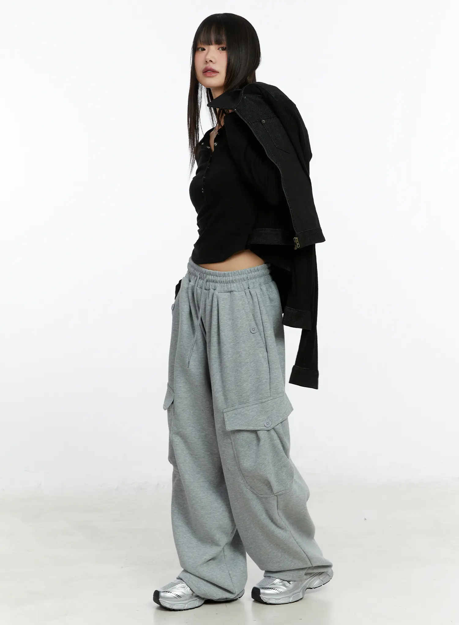 Button Wide Leg Cargo Sweatpants CF509