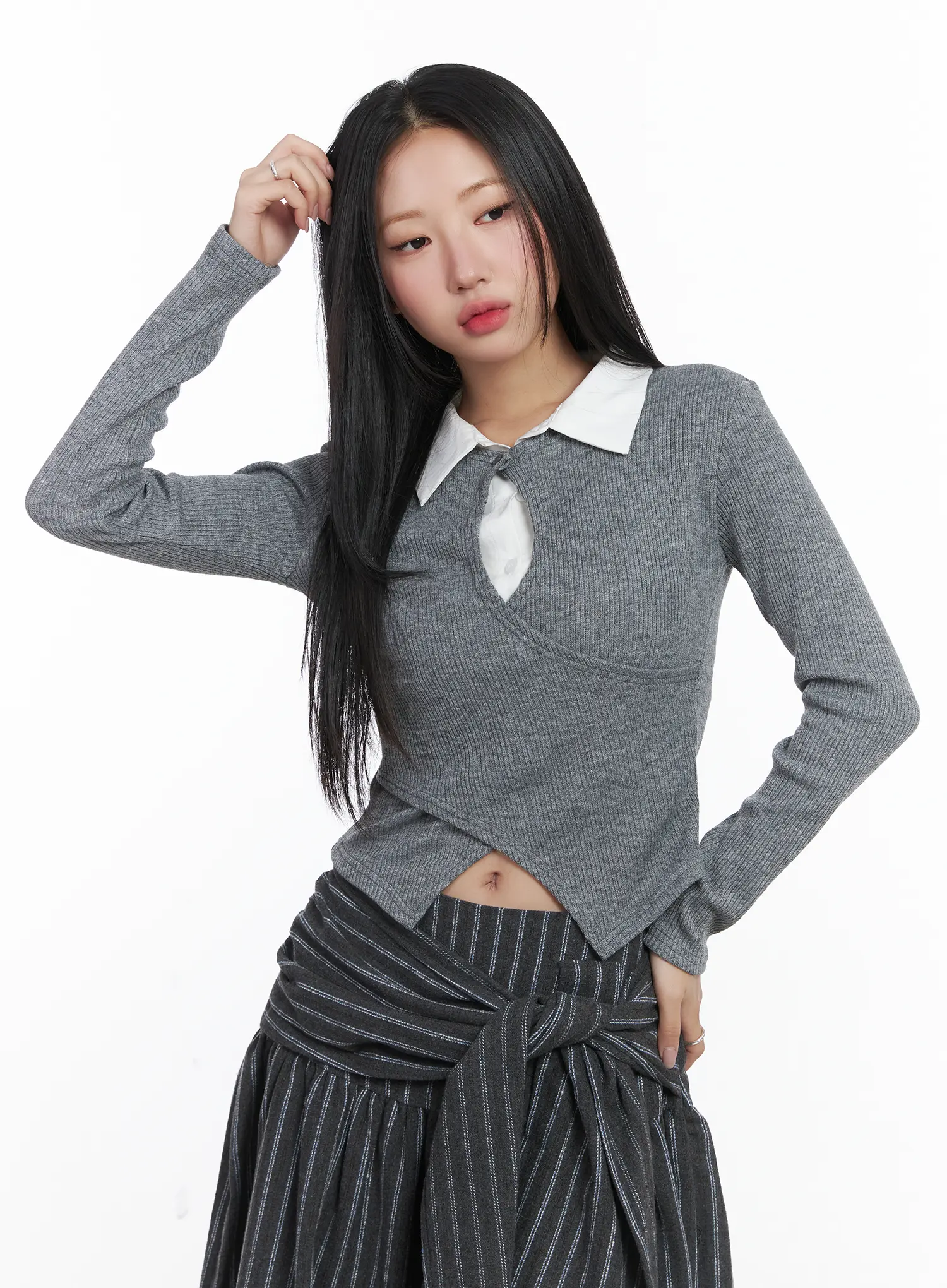 Button Wrap Collar Ribbed Long Sleeve Top CD529 - Image 10