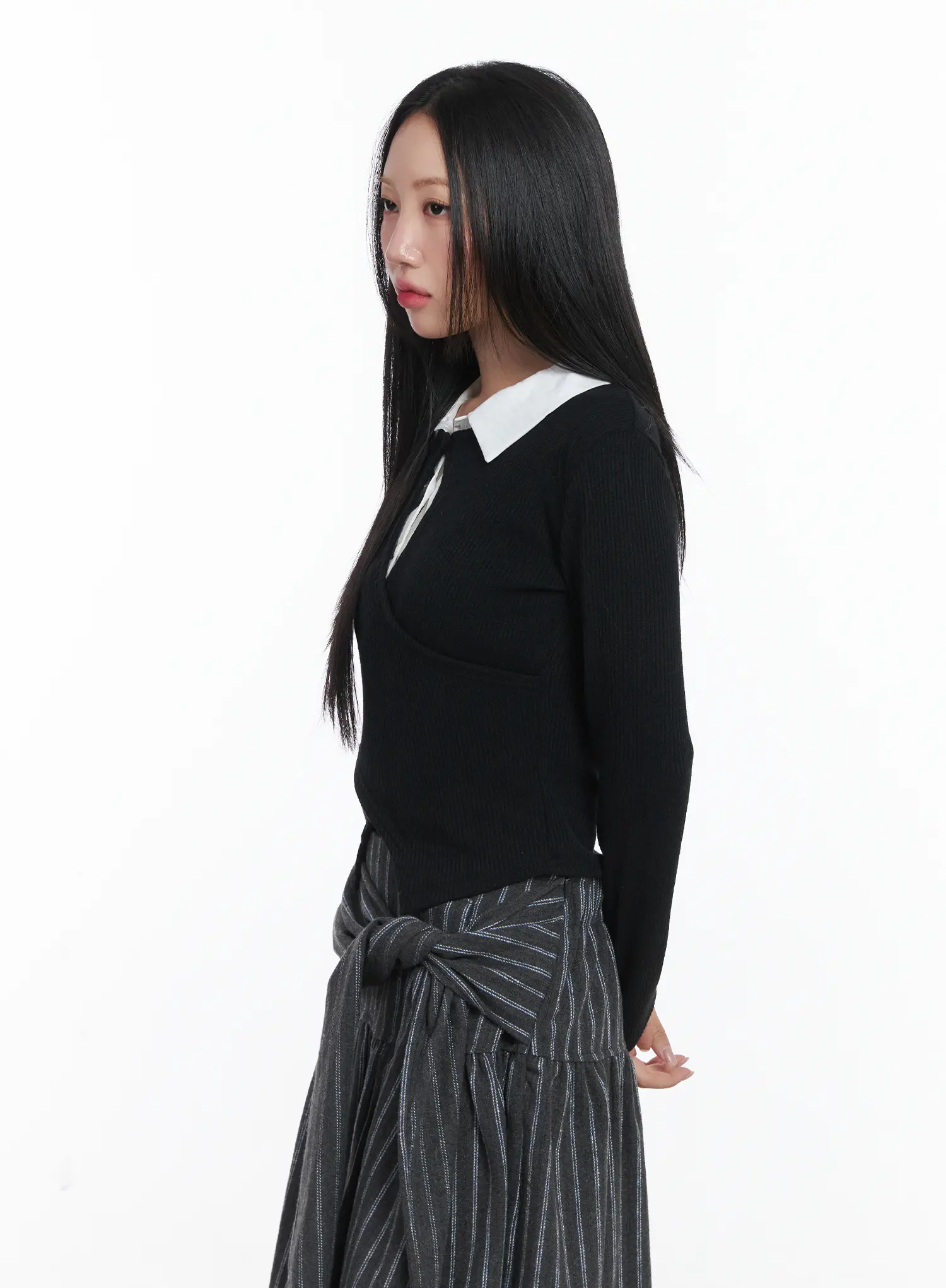Button Wrap Collar Ribbed Long Sleeve Top CD529 - Image 5
