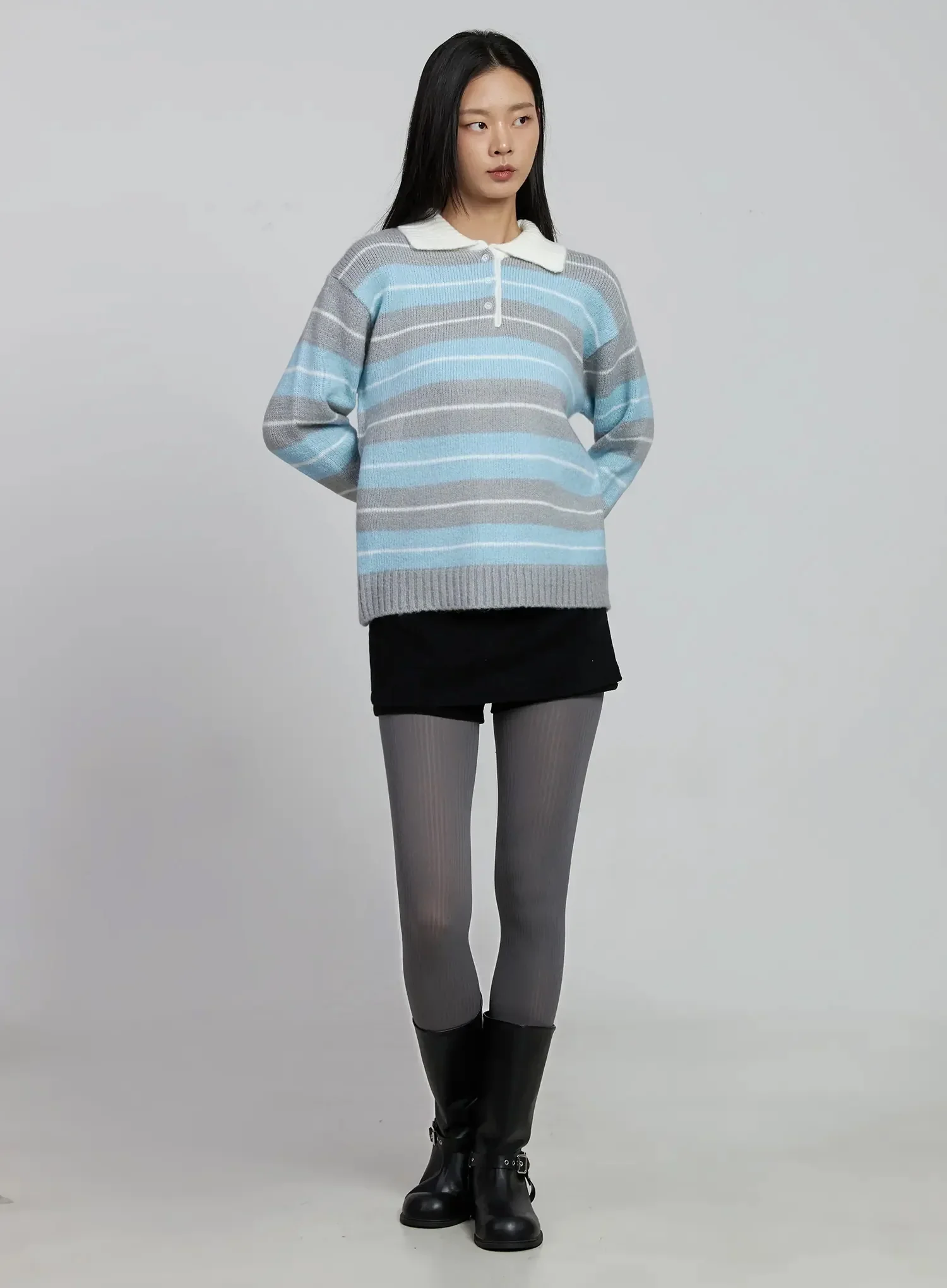 Buttoned Collar Striped Knit Sweater IM520 - Image 12