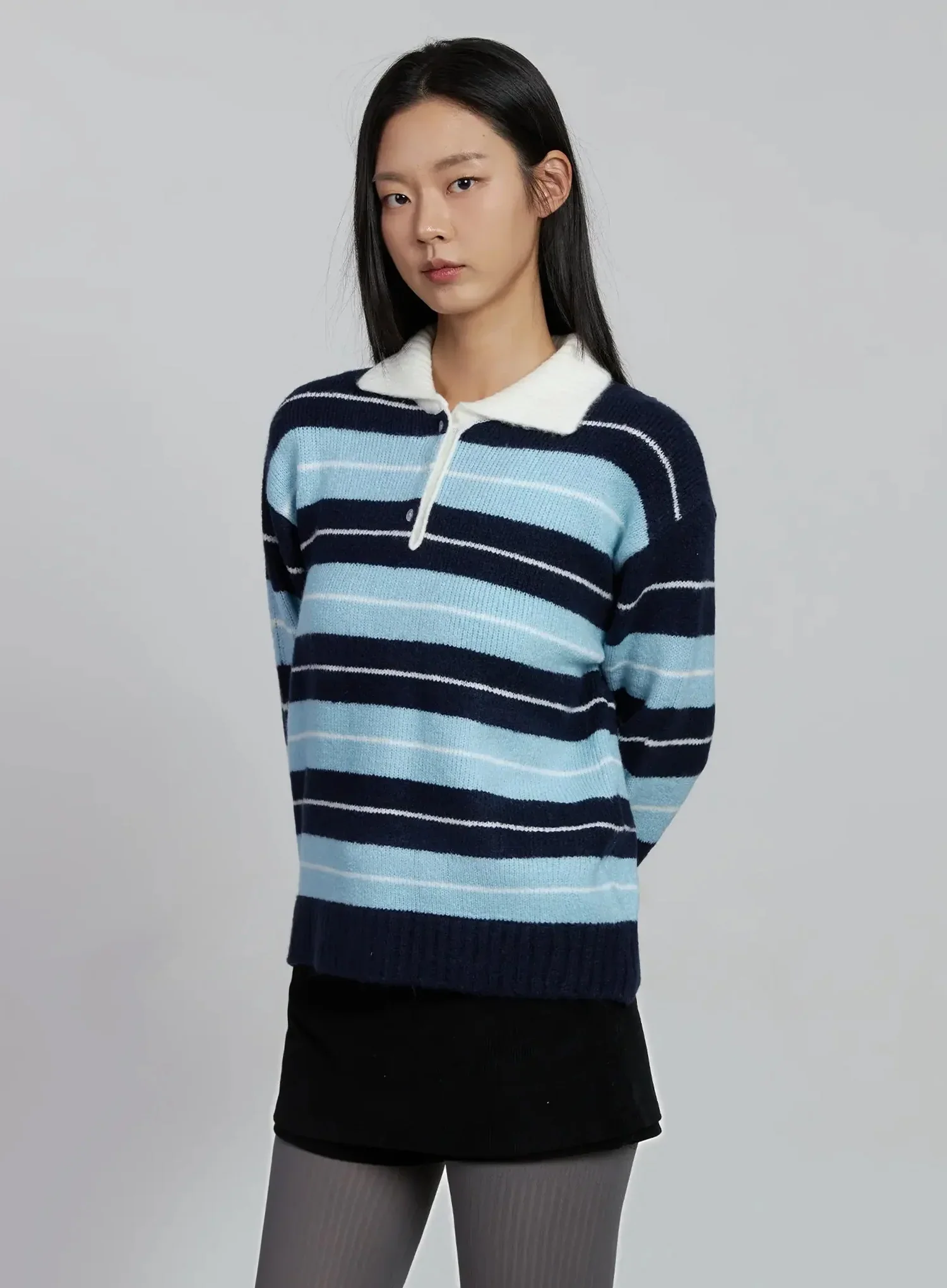 Buttoned Collar Striped Knit Sweater IM520 - Image 15