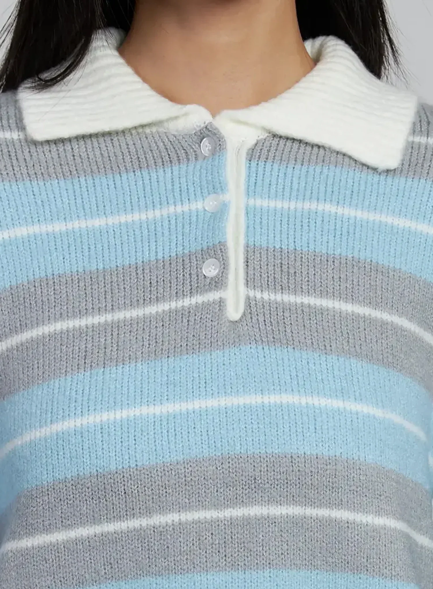 Buttoned Collar Striped Knit Sweater IM520 - Image 4