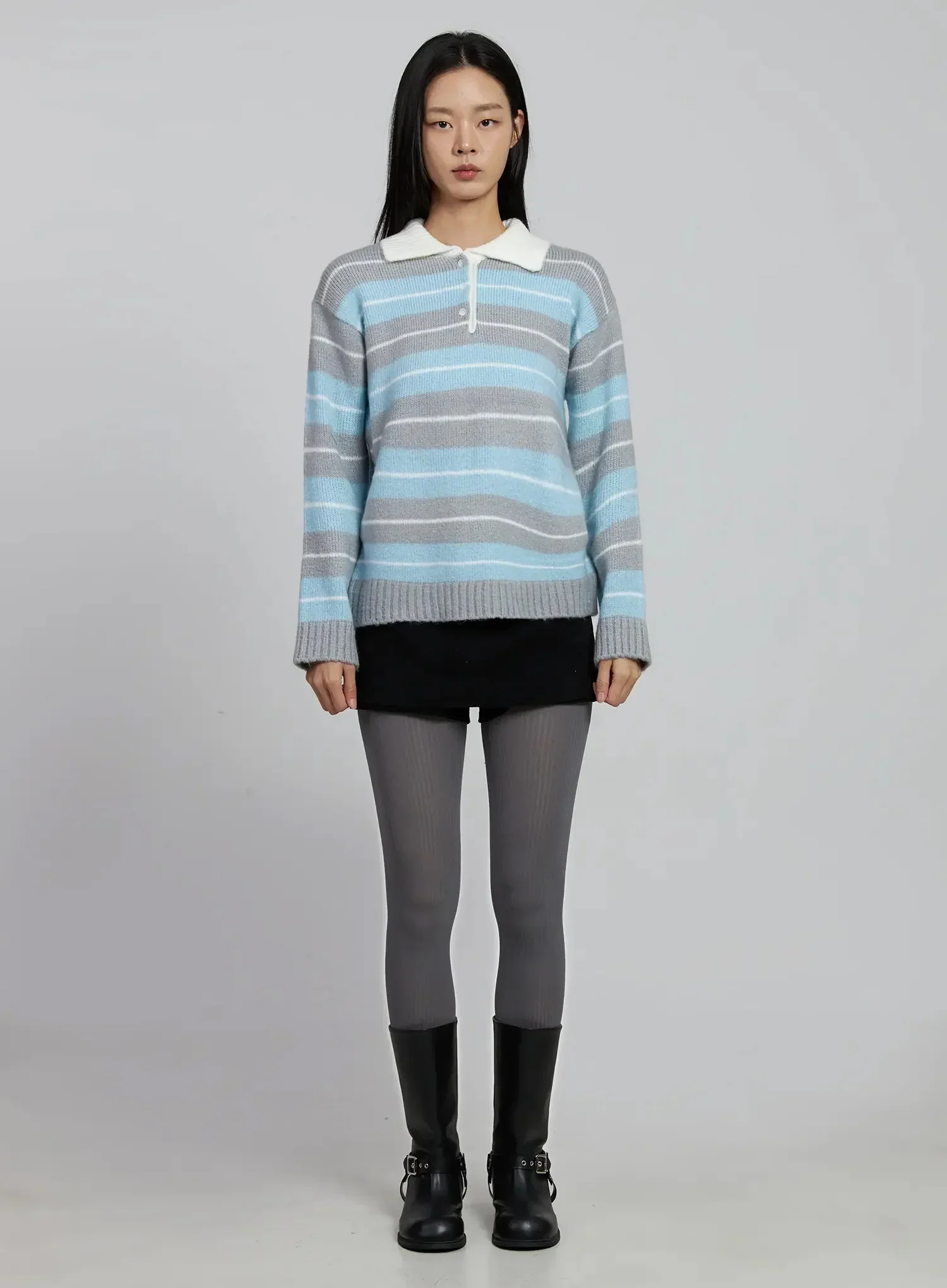 Buttoned Collar Striped Knit Sweater IM520 - Image 6