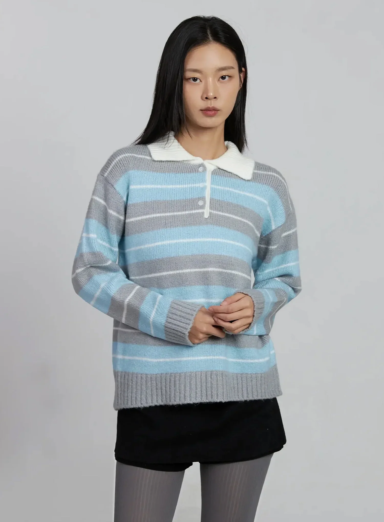 Buttoned Collar Striped Knit Sweater IM520 - Image 9