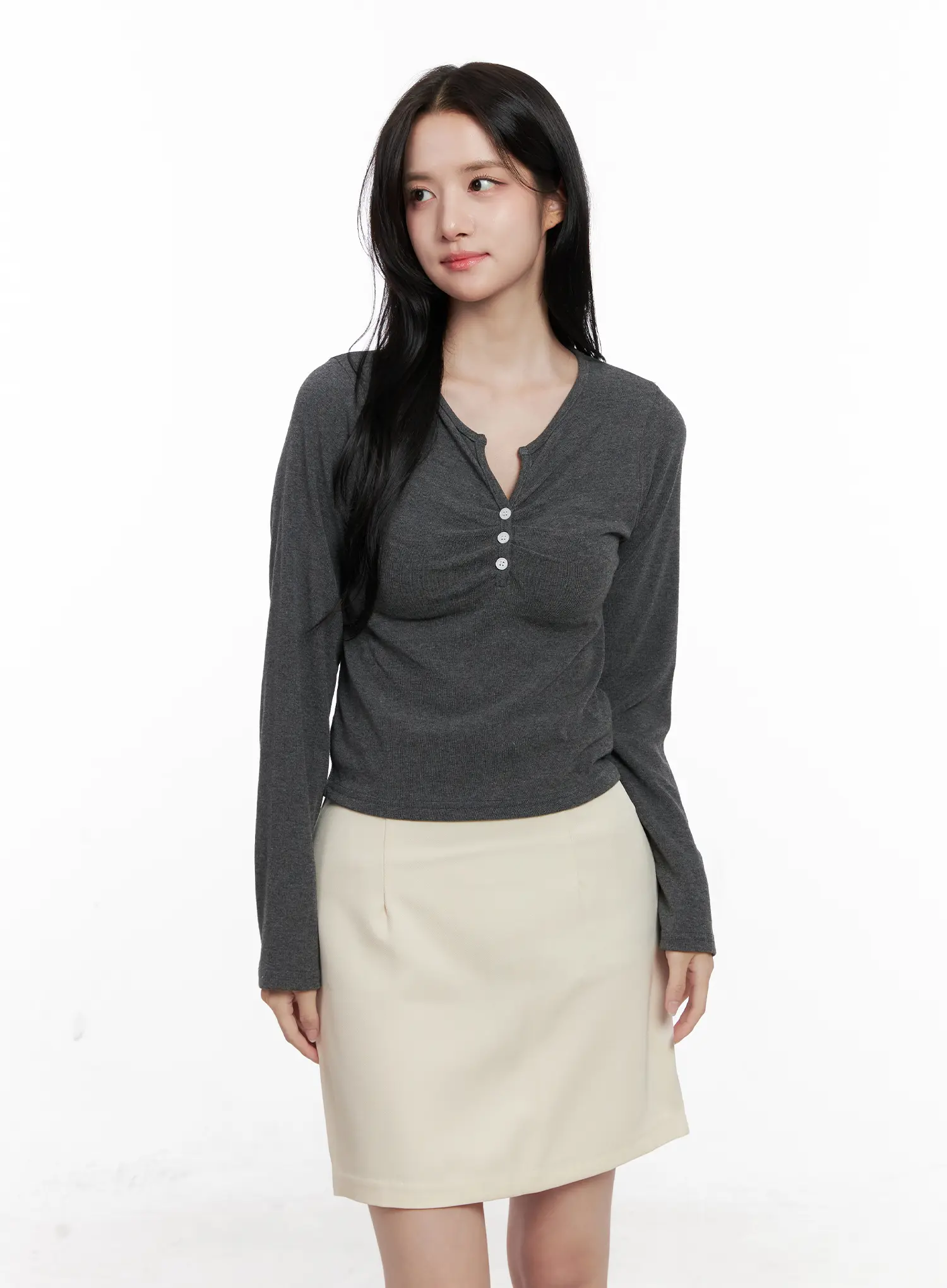 Buttoned Crop Long Sleeve Top CO524 - Image 2