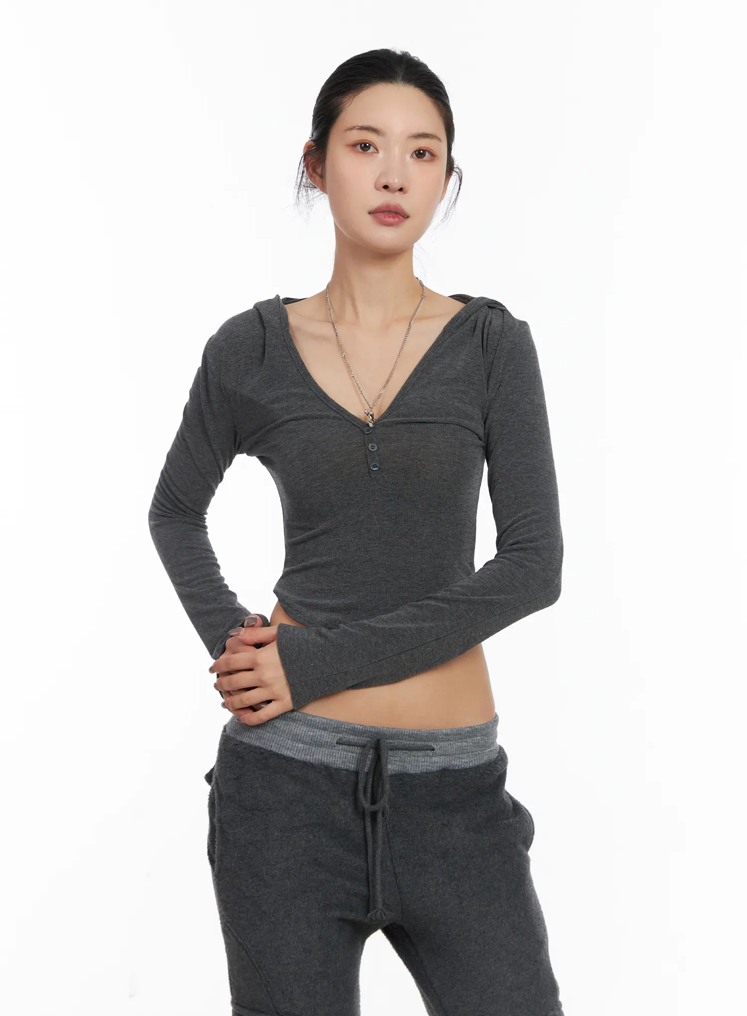 Buttoned Hooded Long Sleeve Crop Top CD509 - Image 10