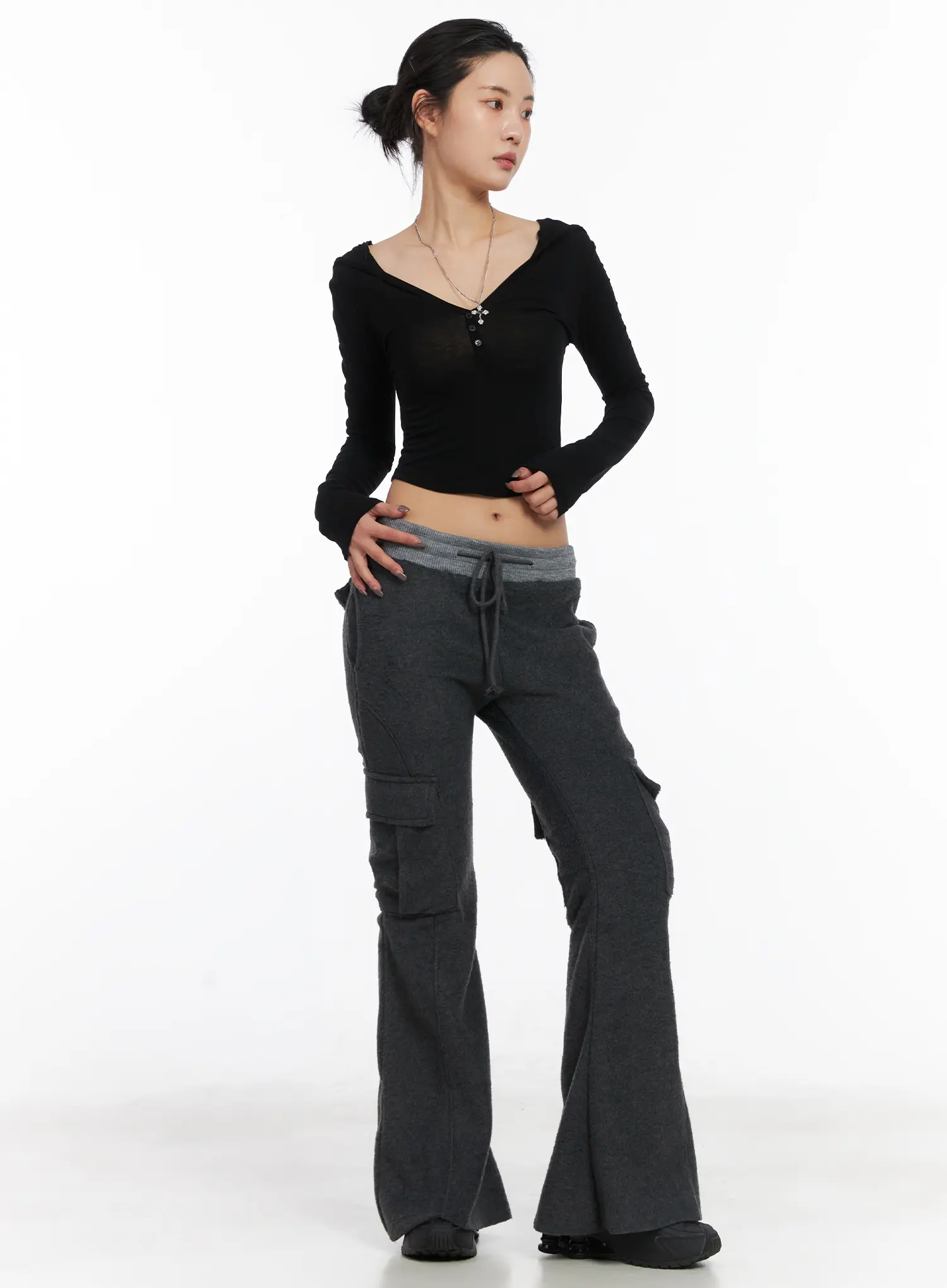 Buttoned Hooded Long Sleeve Crop Top CD509 - Image 6