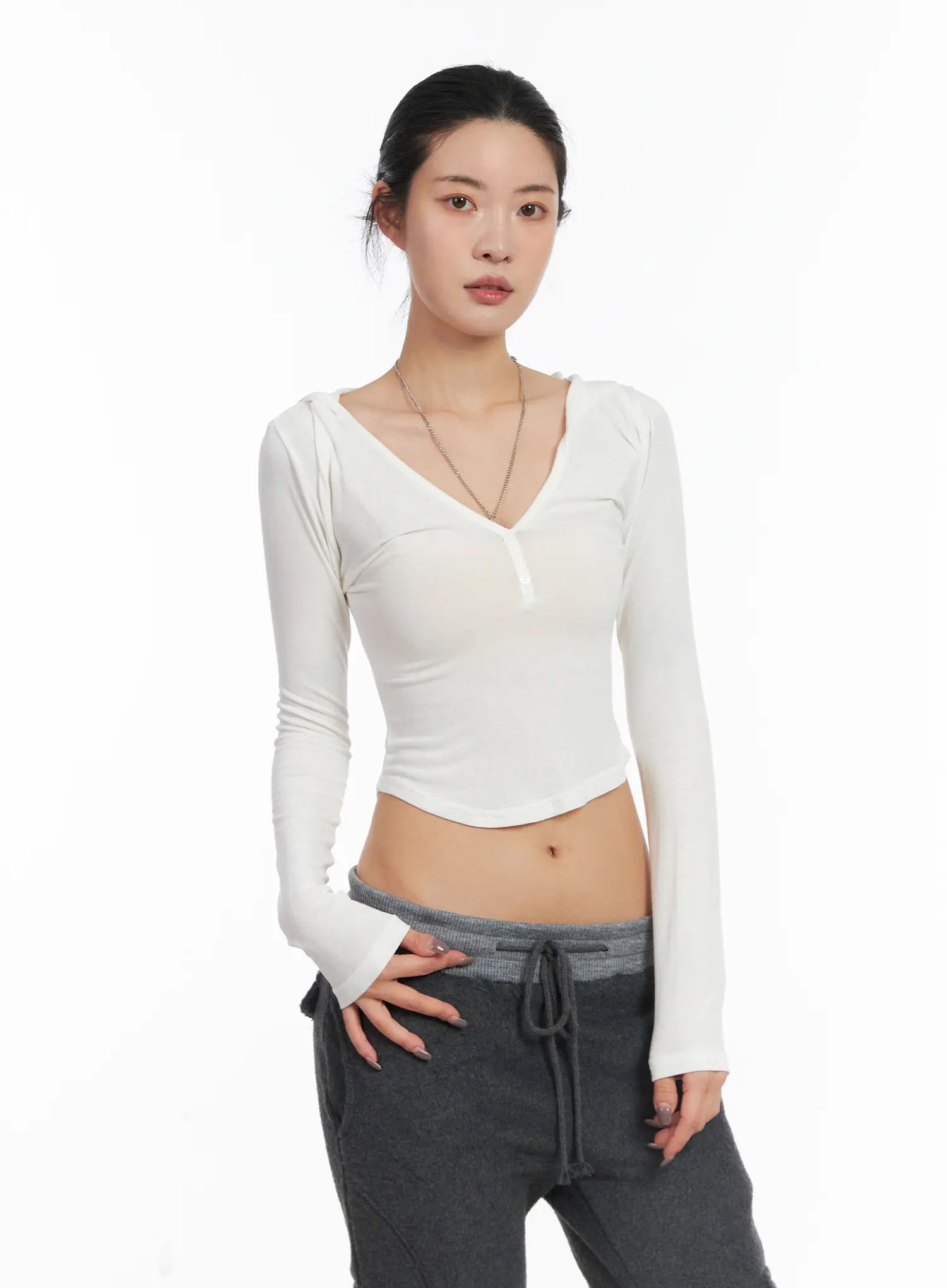Buttoned Hooded Long Sleeve Crop Top CD509 - Image 9