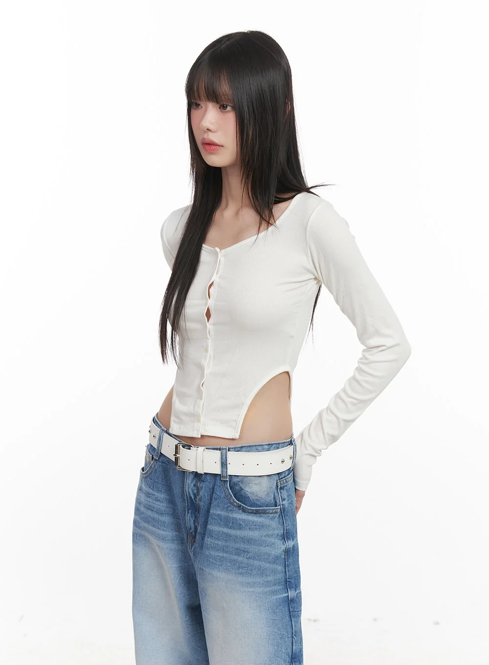 Buttoned Long-Sleeve Crop Top CJ524 - Image 10