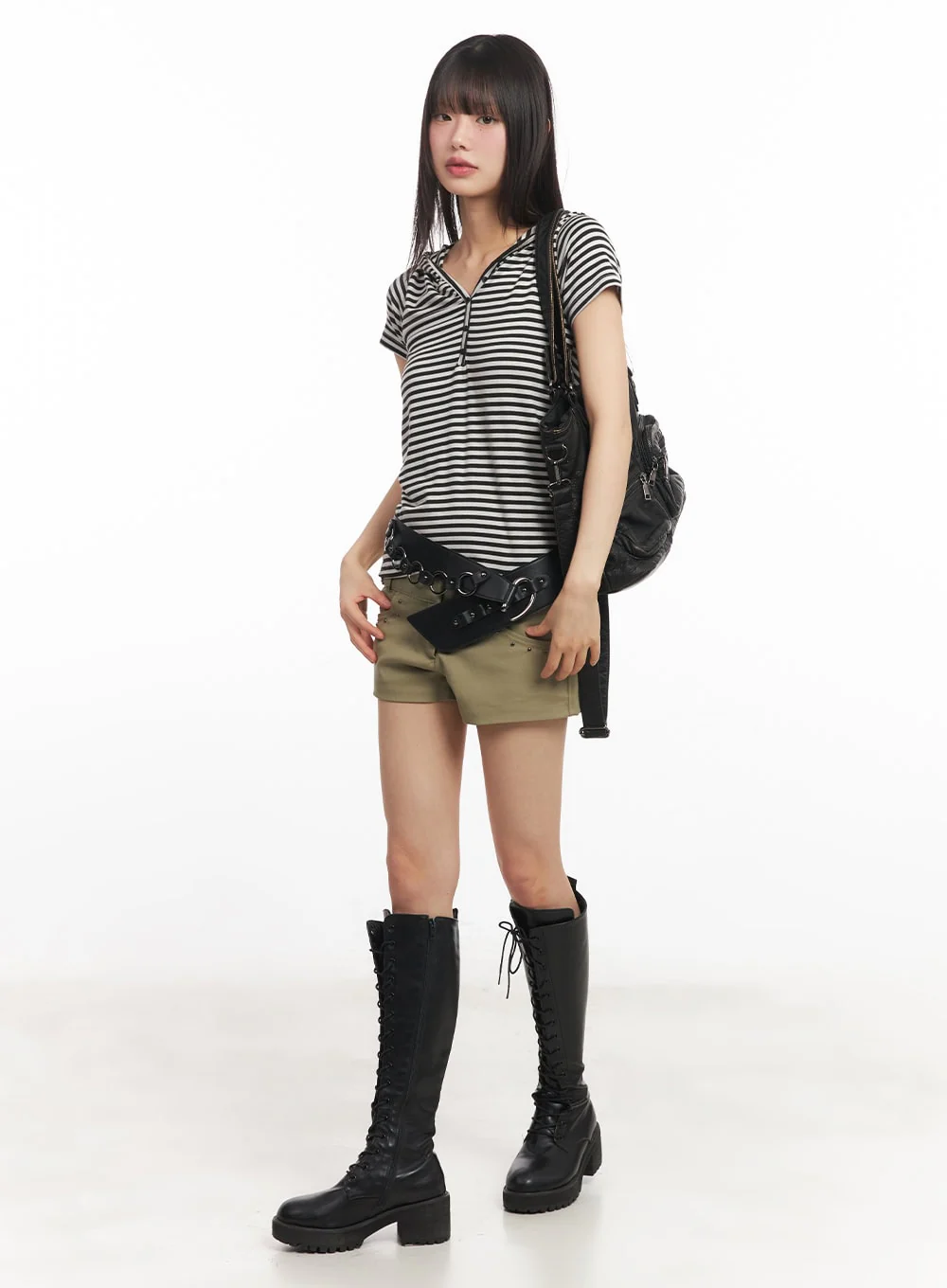 Buttoned Striped Hooded T-Shirt CA523