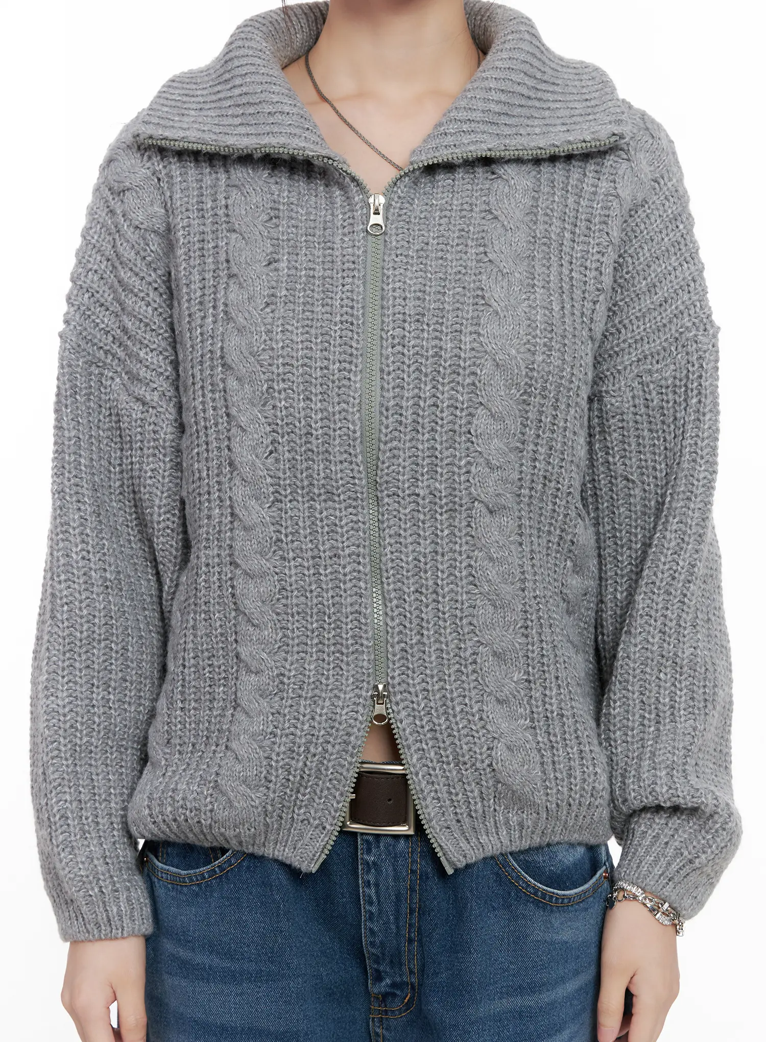 Cable Knit Zip-Up Sweater CG518 - Image 4
