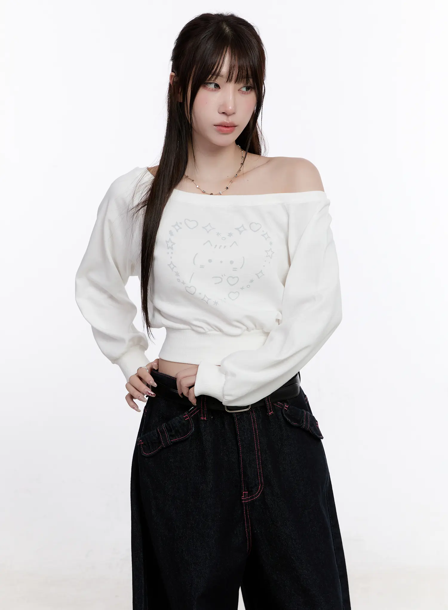 Cat Print Off-Shoulder Cropped Sweatshirt CO501