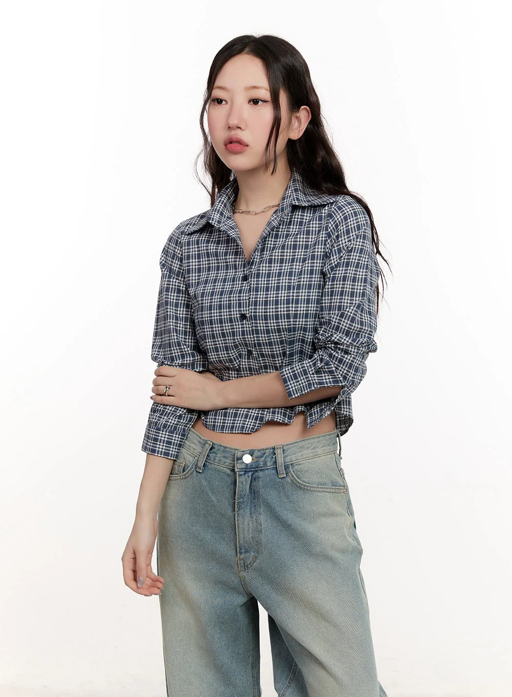 Checkered Collared Crop Shirt CM510 - Image 11