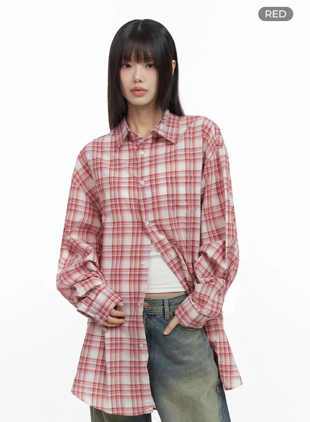 Checkered Cotton Oversized Shirt IO430 - Image 12