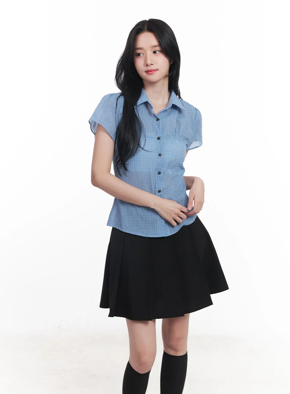 Checkered Puff Button Blouse Top CY526 - Image 11
