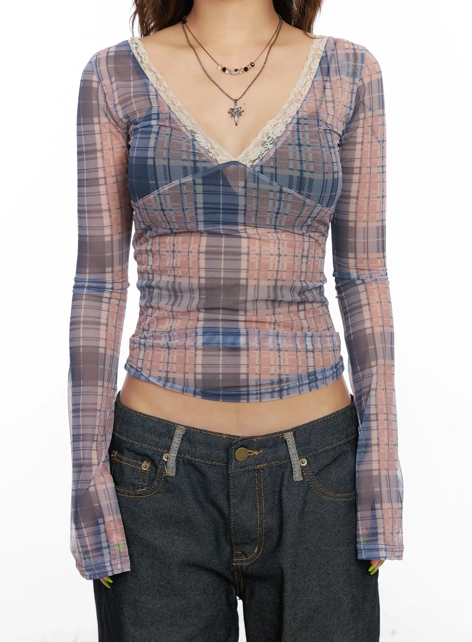 Checkered V-Neck Long Sleeve Top CF512 - Image 4