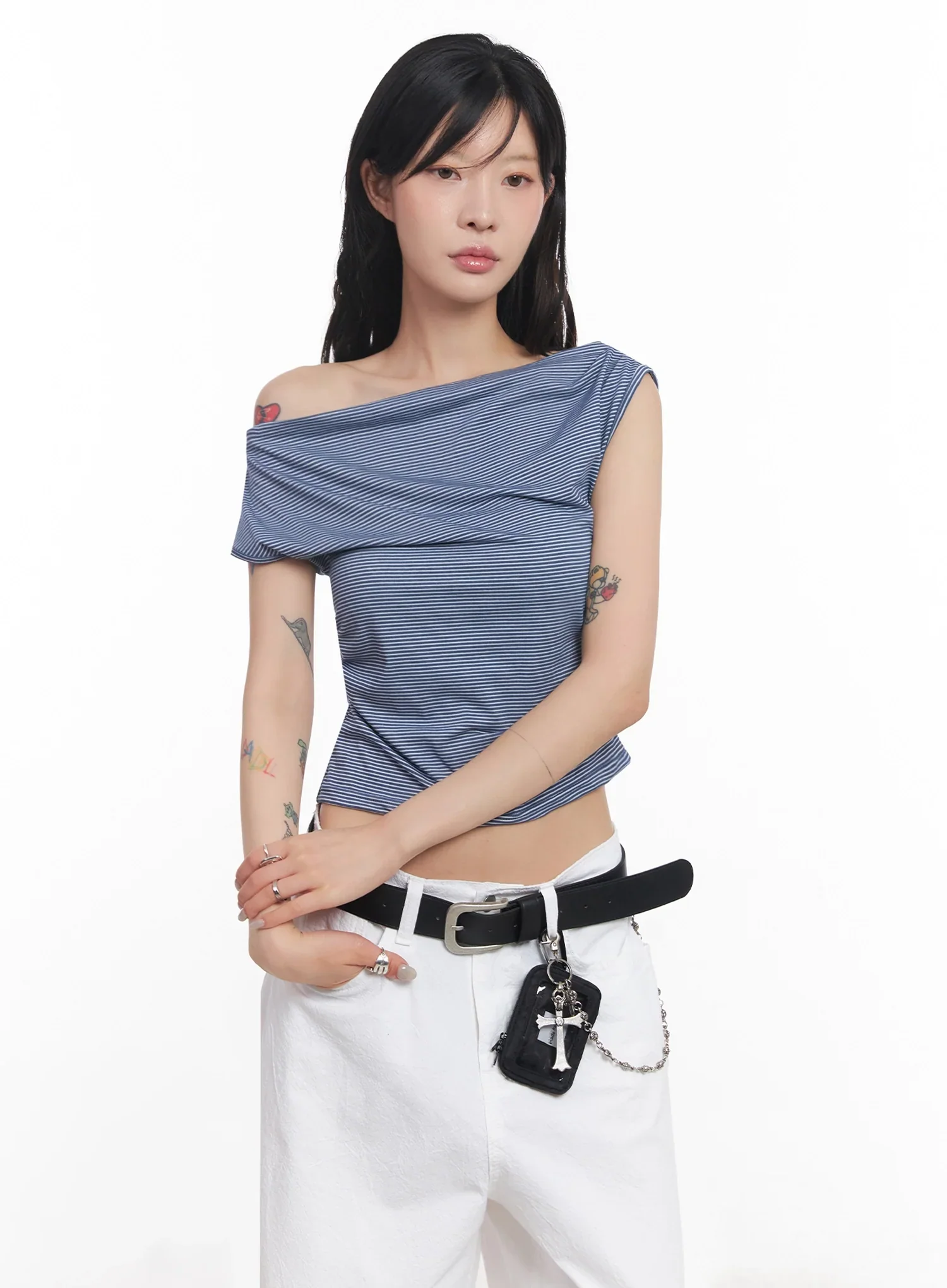 Chic Off-Shoulder Striped Tee IC503 - Image 2