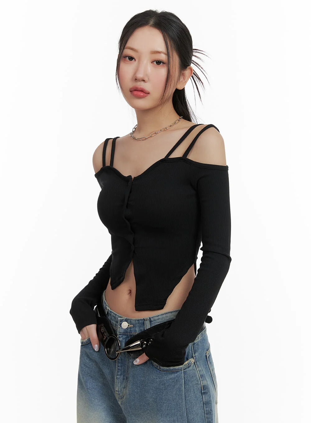 Cold Shoulder Button Ribbed Crop Top CA416 - Image 2