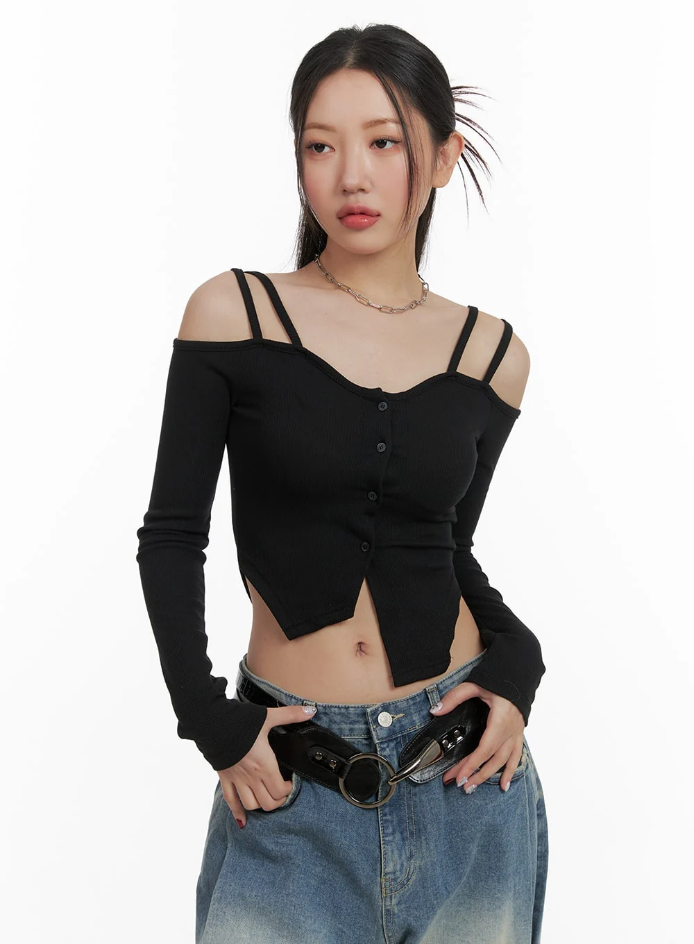 Cold Shoulder Button Ribbed Crop Top CA416 - Image 5