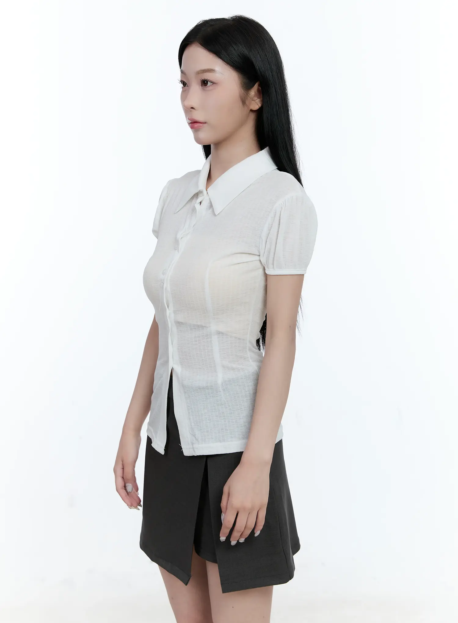 Collared Puff-Sleeve Button-Down Blouse CL530 - Image 11