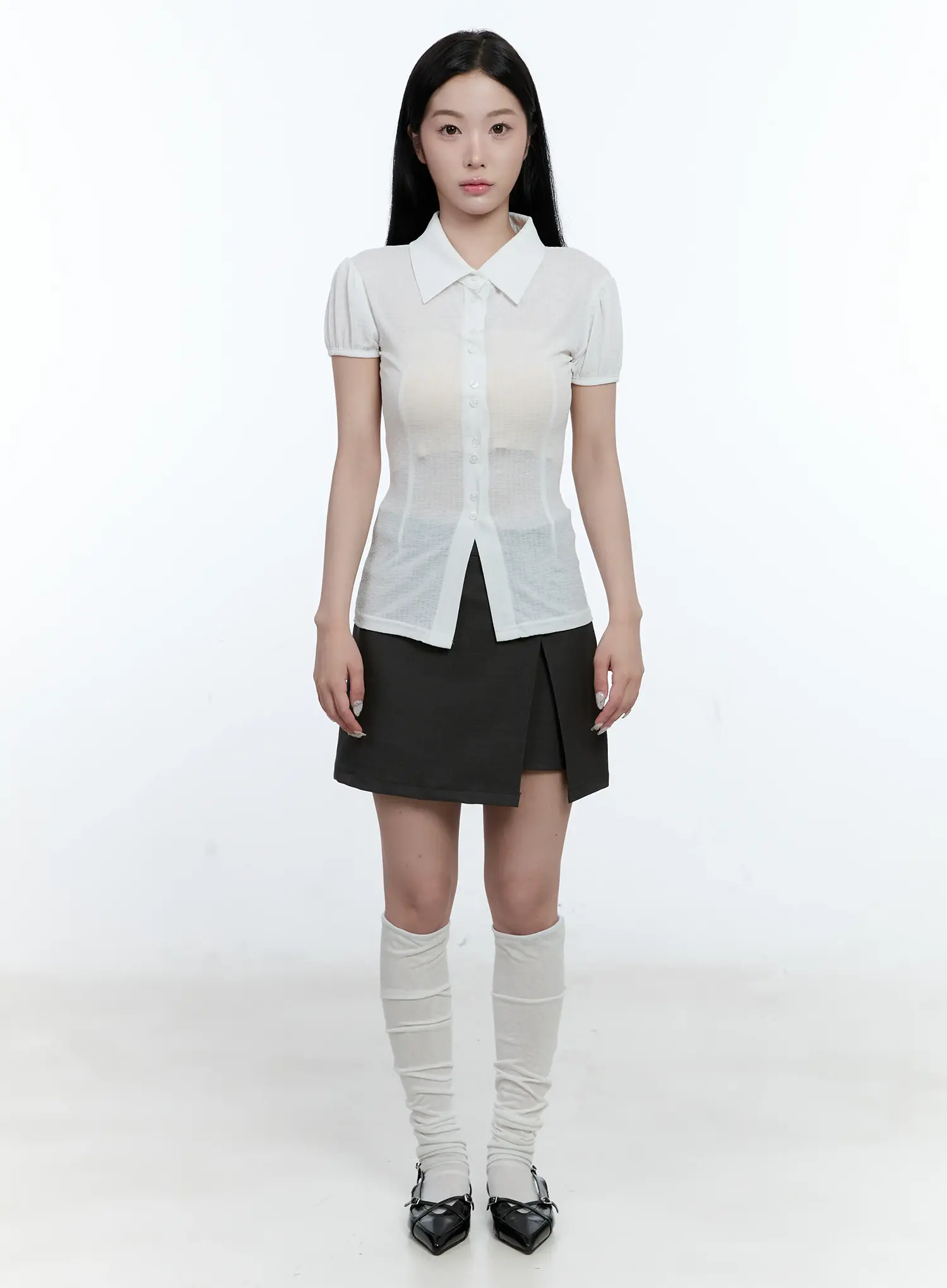 Collared Puff-Sleeve Button-Down Blouse CL530 - Image 2