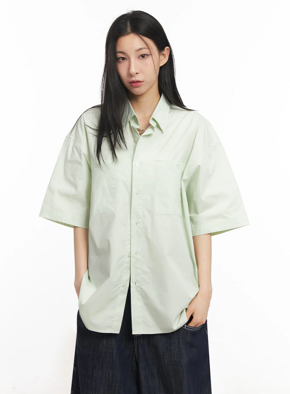 Cotton Collared Oversize Shirt IY529 - Image 17