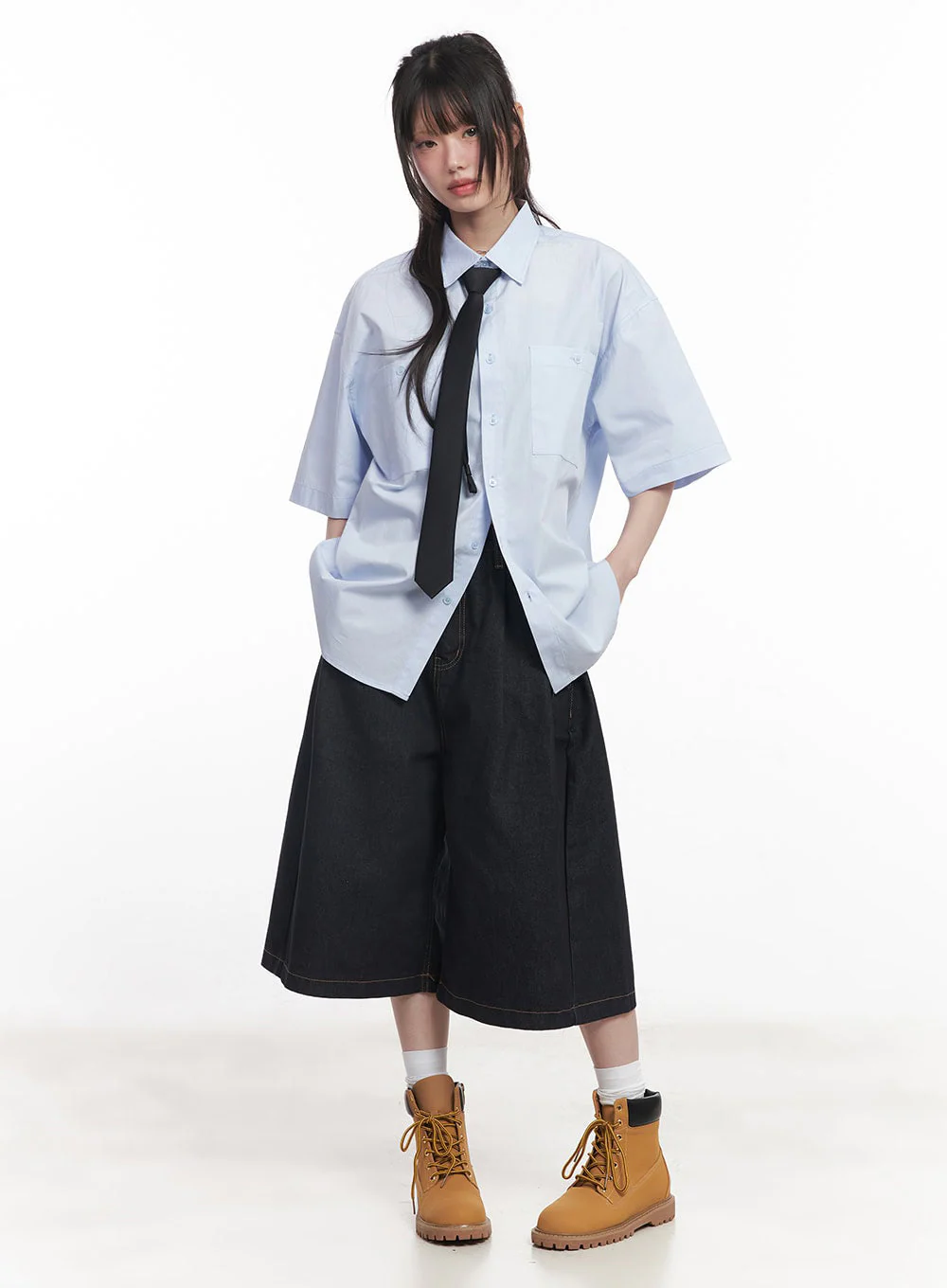 Cotton Collared Oversize Shirt IY529 - Image 2