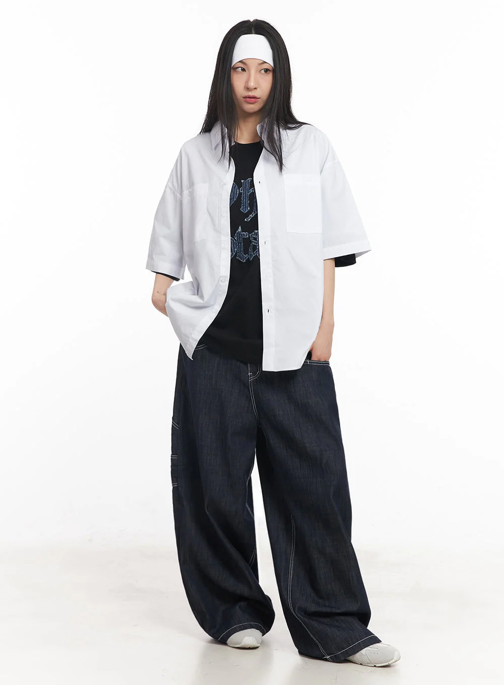 Cotton Collared Oversize Shirt IY529 - Image 3