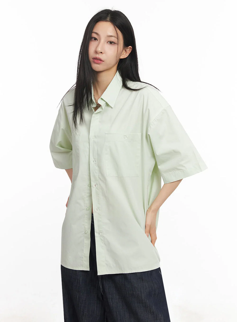 Cotton Collared Oversize Shirt IY529 - Image 7