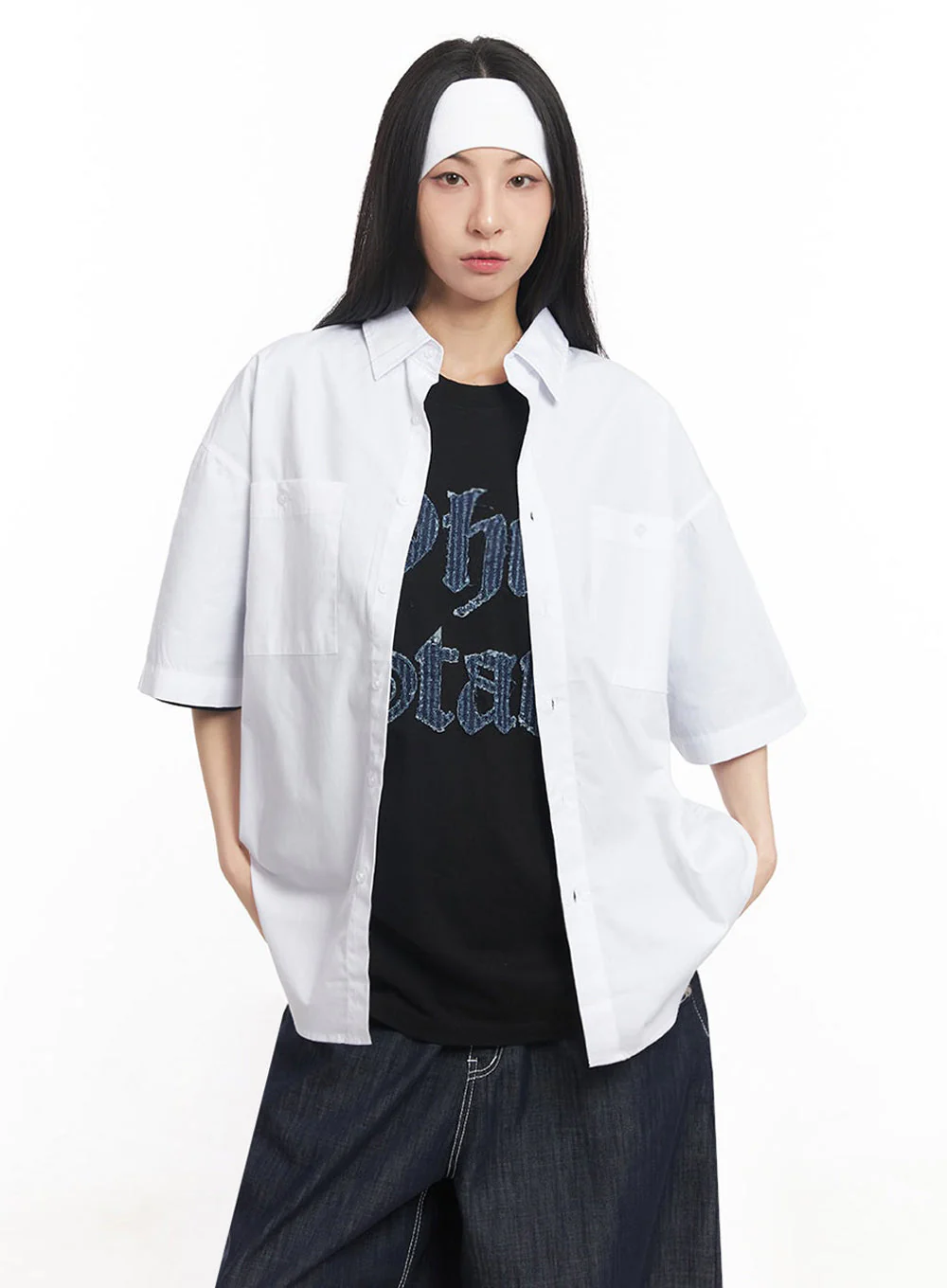Cotton Collared Oversize Shirt IY529 - Image 8