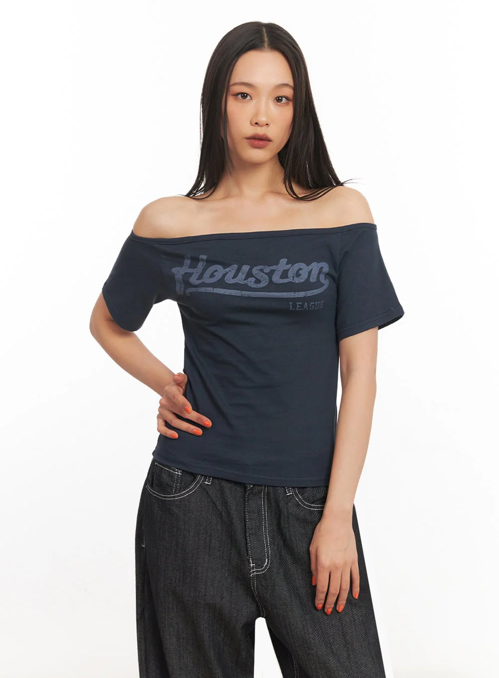 Cotton Graphic Off-Shoulder T-Shirt IA507 - Image 9