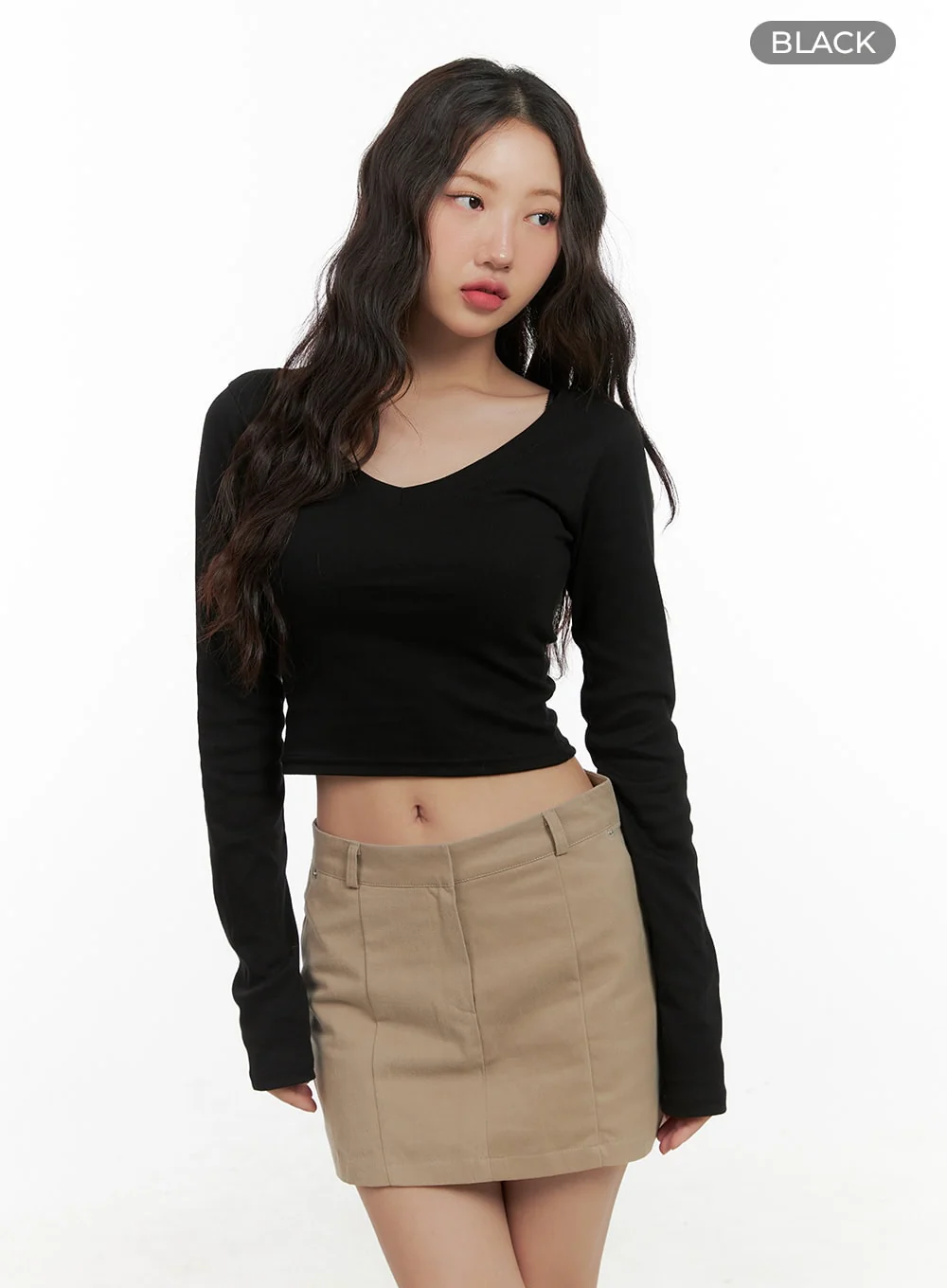 Cotton V-Neck Crop Long Sleeve Top CG422 - Image 6