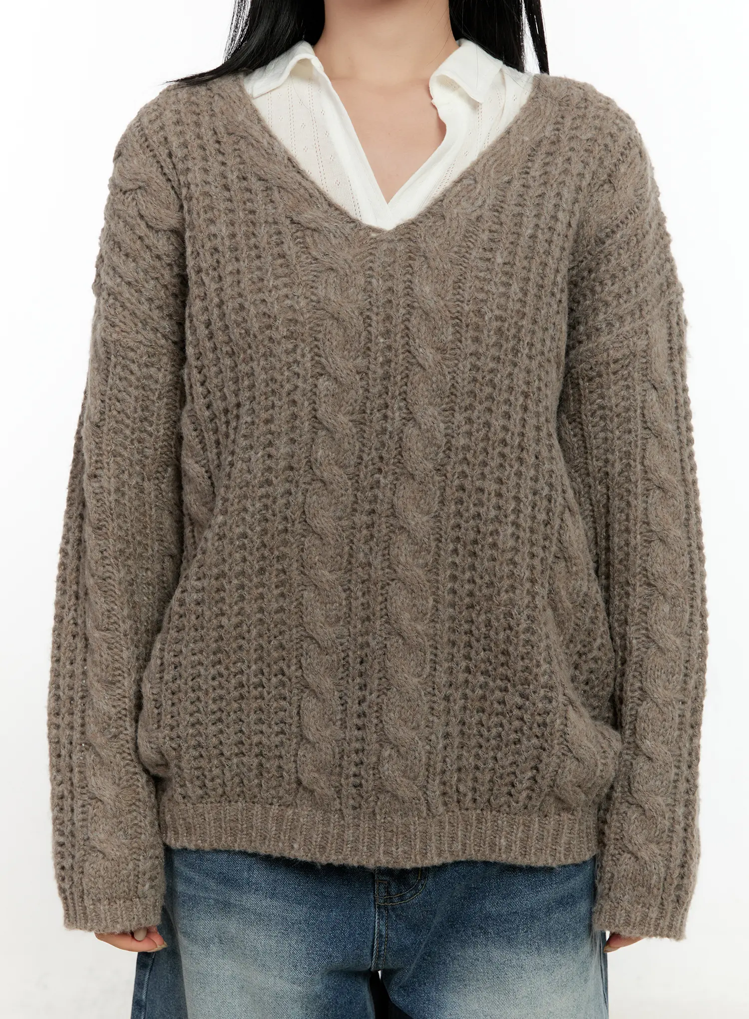 Cozy Cable Knit Oversized V-Neck Sweater CN505 - Image 8